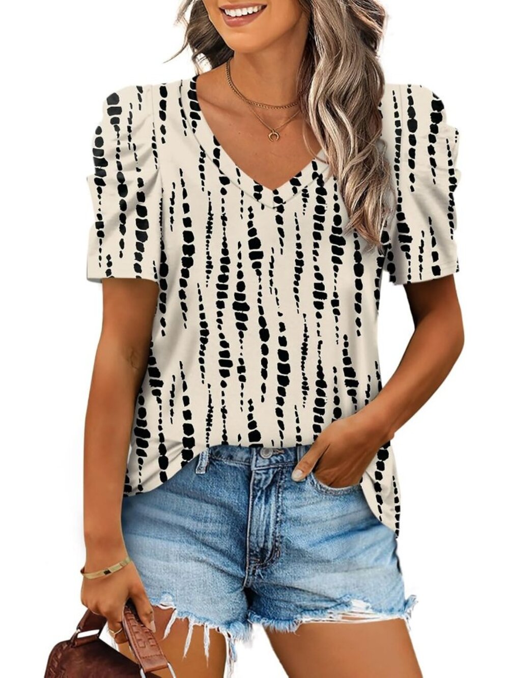 Women's Beige Dot Polyester Blend Puff Sleeve V Neck Pull On Henley Shirts